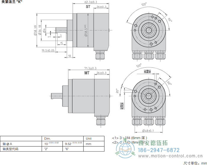 AC58-CC-Link光電絕對值通用編碼器外形及安裝尺寸(夾緊法蘭K) - 西安德伍拓自動化傳動系統(tǒng)有限公司