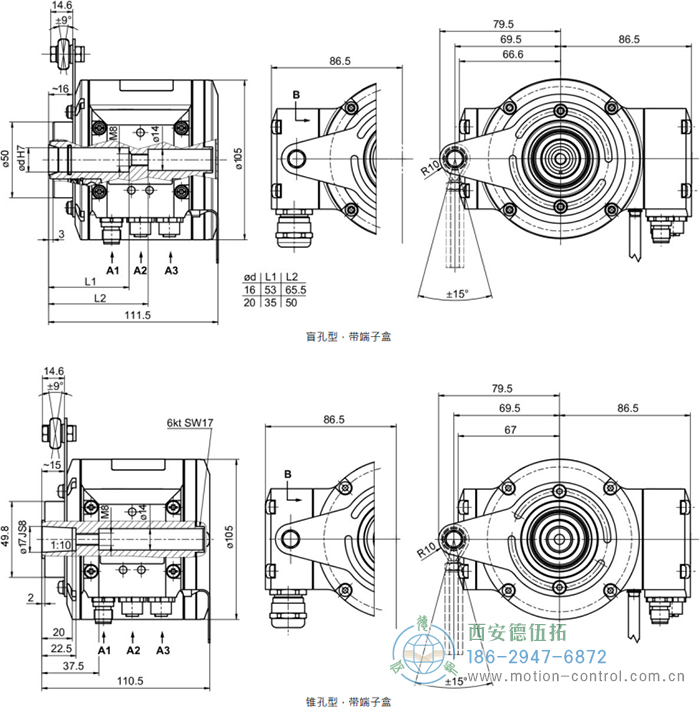 HMG10P-B - EtherNet/IP絕對(duì)值重載編碼器外形及安裝尺寸(盲孔型或錐孔型) - 西安德伍拓自動(dòng)化傳動(dòng)系統(tǒng)有限公司