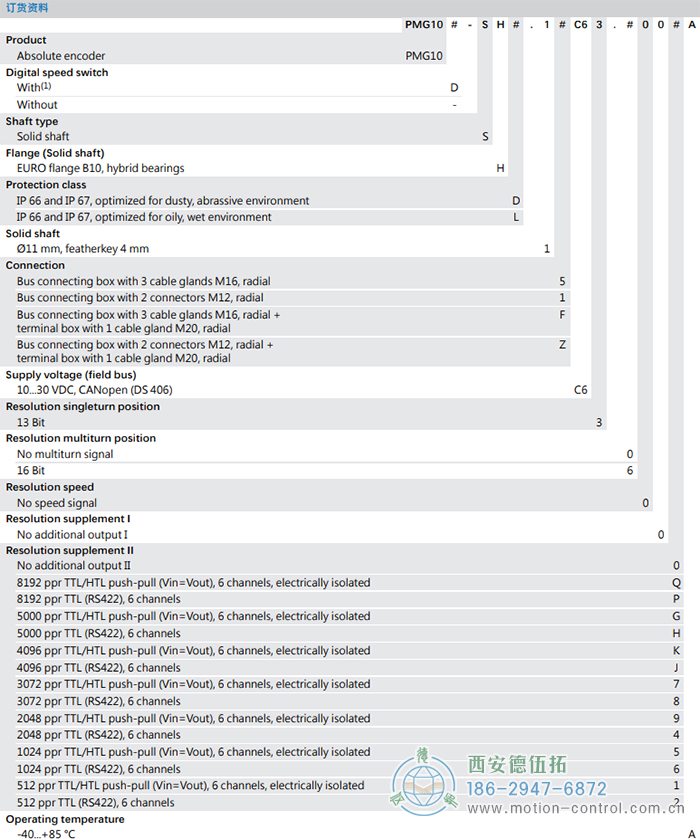 PMG10 - CANopen®絕對值重載編碼器訂貨選型參考(?11 mm實(shí)心軸，帶歐式法蘭B10或外殼支腳) - 西安德伍拓自動(dòng)化傳動(dòng)系統(tǒng)有限公司