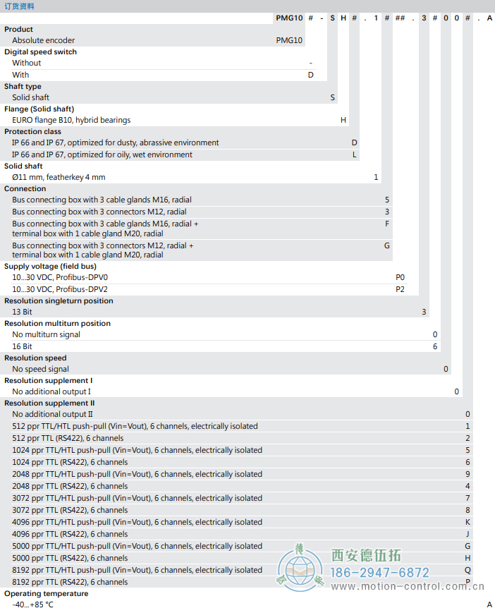 PMG10 - Profibus DP絕對值重載編碼器訂貨選型參考(?11 mm實(shí)心軸，帶歐式法蘭B10或外殼支腳 (B3)) - 西安德伍拓自動(dòng)化傳動(dòng)系統(tǒng)有限公司
