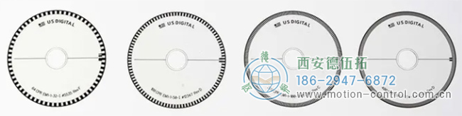 上圖顯示了四個(gè)具有不同行數(shù)的光電編碼器盤(pán)，可以觀察到行的密度不同。